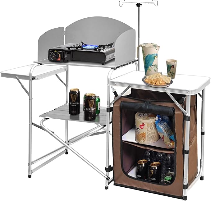 CampLand Folding Camping Kitchen Table with Windscreen,Portable Outdoor Cooking Station with Storage Cabinet & Side Tables Heavy Duty Camp Cook Station for Camping & BBQ（White）