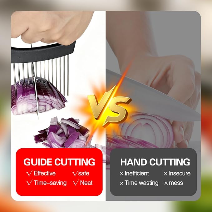 Onion Holder for Slicing, Onion Cutter Vegetable Chopper, Food Slicer Assistant Tool for Fruit Lemon and Meat,Stainless Steel Tomato Slicer Vegetable Cutter for Potato, Avocados, Eggs,