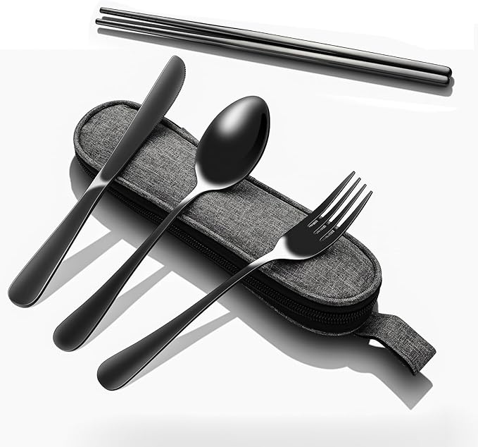 Matte Black 5-Piece Stainless Steel Travel Utensil Set with Waterproof Case, Reusable Portable Flatware Includes Knife, Fork, Spoon, Chopsticks for Camping, Office, Picnic & Daily Use
