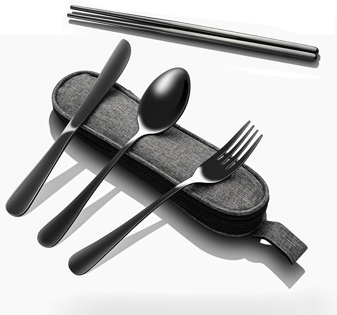 Matte Black 5-Piece Stainless Steel Travel Utensil Set with Waterproof Case, Reusable Portable Flatware Includes Knife, Fork, Spoon, Chopsticks for Camping, Office, Picnic & Daily Use