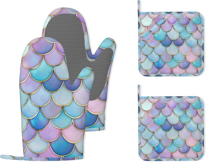 Pink Mermaid Scales Heat-Resistant Silicone Oven Mitts and Pot Holders,Long Oven Gloves with Non-Slip Grip for Cooking, Baking, Grilling,BBQ