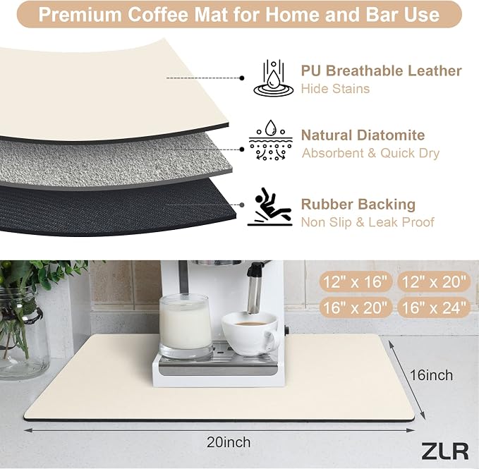 ZLR Coffee Bar Mat for Coffee Station, 16"x20" Large, Creamy | Absorbent Dish Drying Mat, Stain-Hiding Top, Non-Slip Back, Fits Espresso, Grinder, Knock Box, Frother & Cup Display