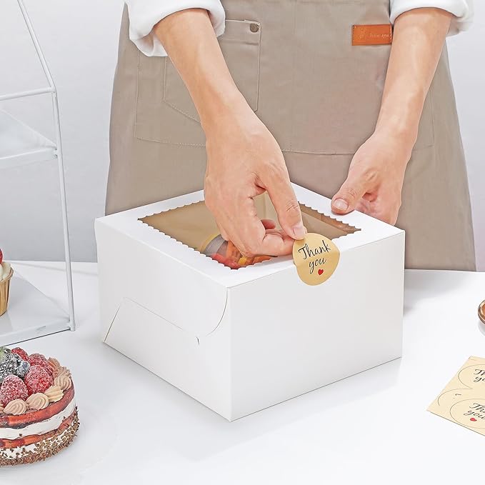 Small Cake Boxes 8 Inch with Window, 10 Set Bakery Boxes with Cake Boards & Stickers, Cupcake Box for Birthday, Party, Wedding, Mother's Day, Valentine's Day, Christmas（8x8x5 inch）
