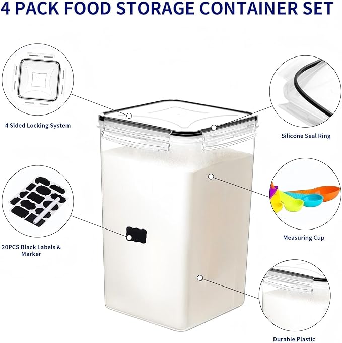 2pc 6.5L Airtight Food Storage Containers with Lids, Cups & Labels | Large BPA-Free Plastic Food Storage with Labels for Spaghetti, Cereal, Oats & Kitchen Pantry Organization, 2 Pack