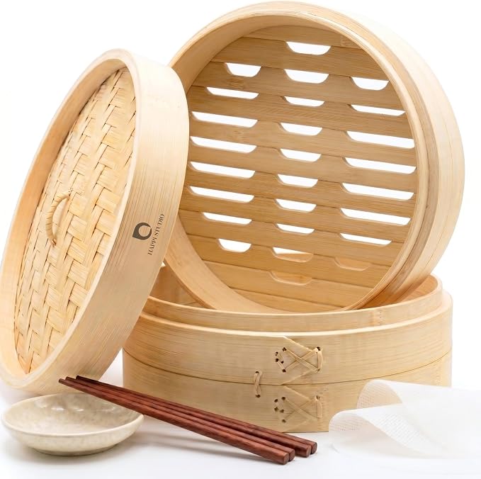 Bamboo Steamer Basket 8-Inch, 2-Tier Dumpling Steamer Cooking | Incl. Silicone Liners, Sauce Dish, Chopsticks - Small Steam Baskets - Food, Dim Sum, Bao Bun, Rice, Momo, Rice, Vegetables