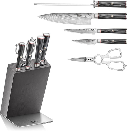 Cangshan YARI Series HUA Knife Block Set, X-7 Damascus Steel, Ash Wood Block (6-Piece)