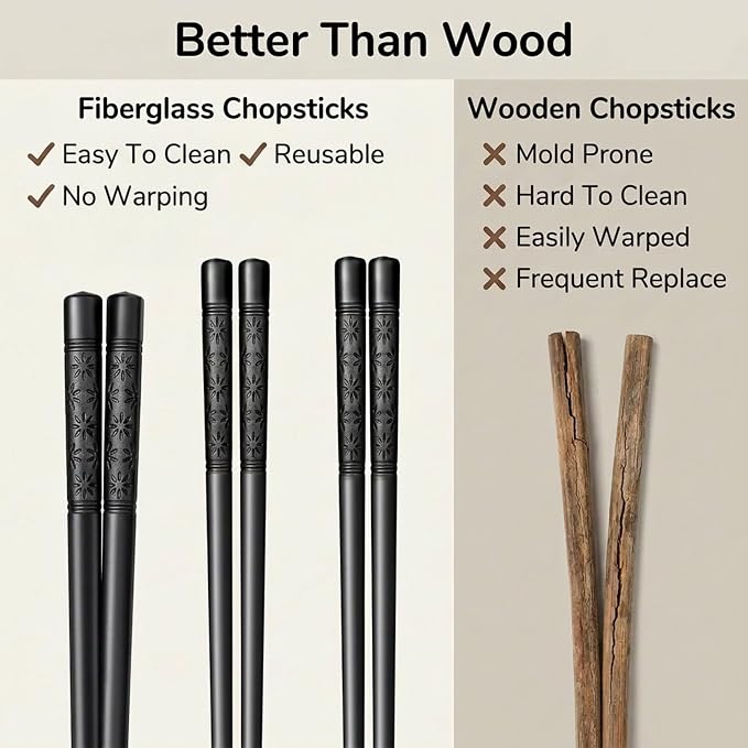 Fiberglass Training Chopsticks Set of 8 Pairs, Chop Sticks Reusable Dishwasher Safe with Chopsticks Helper for Beginners Kids&Adults, Non-Slip Durable Black Chopsticks for Sushi/Noodles/Daily Use