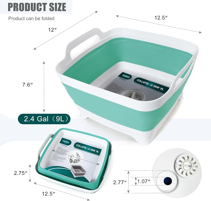 FOSJGO Collapsible Dish Basin with Drain Plug, Foldable Sink, 2.4 Gal (9L) | Space-Saving Wash Basin for Kitchen, Baby Bottles, Vegetable Washing, Camping, RV and Party Beverage Tubs