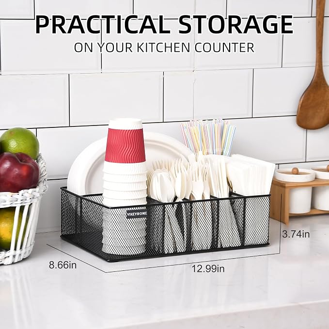 Paper Plate Organizer for Countertop, Black | Silverware Caddy with 6 Compartments for Cup, Napkin, Utensil Holder Caddy for Party, Camping, Picnic