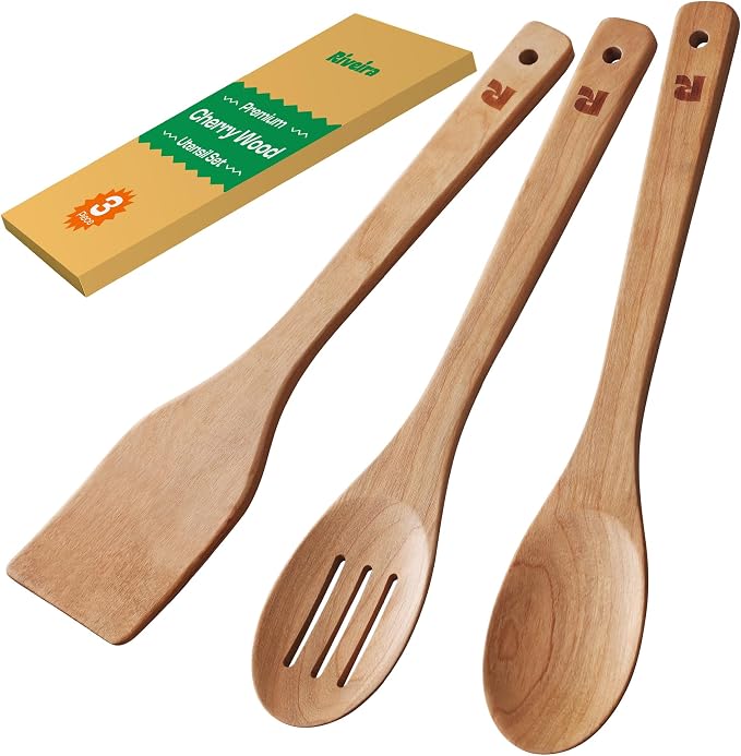Riveira Cherry Wooden Spoons for Cooking Set of 3 – Natural Cherry Wooden Cooking Utensils, Wooden Spatula, Wooden Spoon - Premium Quality Utensil Set for Non-Toxic Cooking