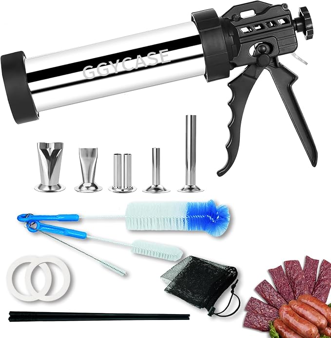 Large Capacity Stainless Steel Jerky Gun Kits, Sausage Stuffer Machine, Meat Gun, Beef Jerky Maker with 5 Stainless Nozzles 3 Brushes