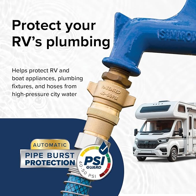 Camco Brass Marine/RV Water Pressure Regulator – Protects RV Kitchen Small Appliances, Plumbing & Hoses – Reduces RV Water Pressure to Safe & Consistent 40-50 PSI – Drinking Water Safe (40055)