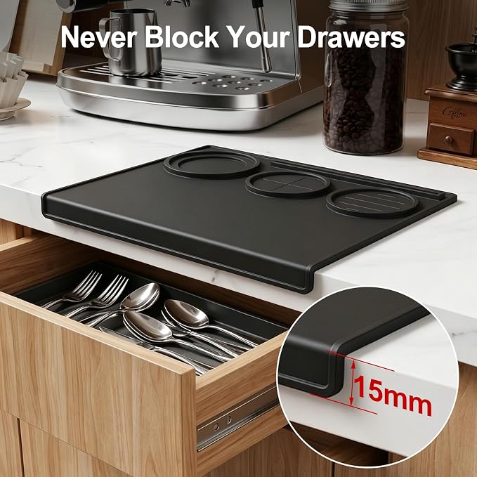 Espresso Tamping Mat, 90° Corner Silicone Coffee Bar Mat for 51/54/58mm Portafilters, Drawer-Friendly Tamper Mat with Tamper, Distributor & Puck Screen Slots, Countertop Protector, Black