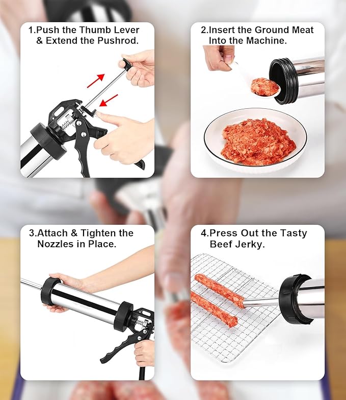 Jerky Gun for Ground Meat, 5 Stainless Nozzles, 2 Cleaning Brushes | 2 Cleaning Brushes, Jerky Making Kit, Beef Jerky Gun Kits, Stainless Steel Sausage Stuffer Jerky Making Gun