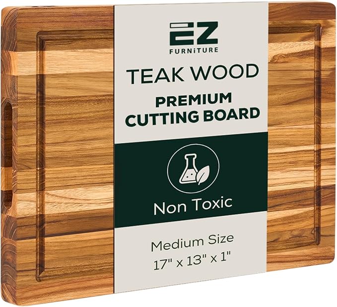 EZ FURNITURE Medium (M) Teak Edge Grain Cutting Board, Reversible, Knife-Friendly Charcuterie Wood Cutting Board with Juice Groove & Handles, Non-Toxic, Gift Box Included (17" x 13" x 1")