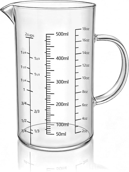 18 oz/500ml Glass Measuring Cup,OLULU 2 Cup Liquid Measuring Cup with 3 Measurement Scales (Cup/Oz/ml), Borosilicate Glass Measuring Cup with Handle & Spout for Baking, Cooking