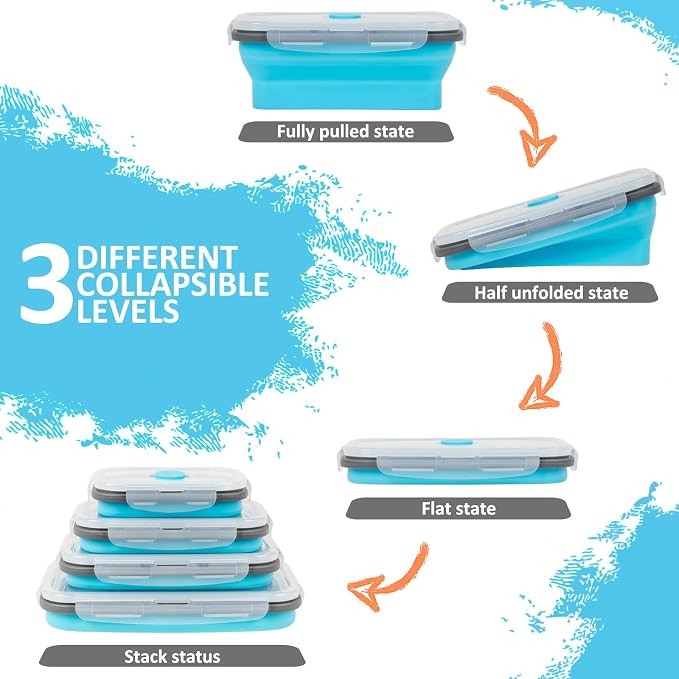 Collapsible Silicone Food Storage Containers Set with Lid & Air Vent, Foldable Lunch Containers, 8 Pack (4 Rectangular + 4 Round Bowls), BPA-Free, Space-Saving
