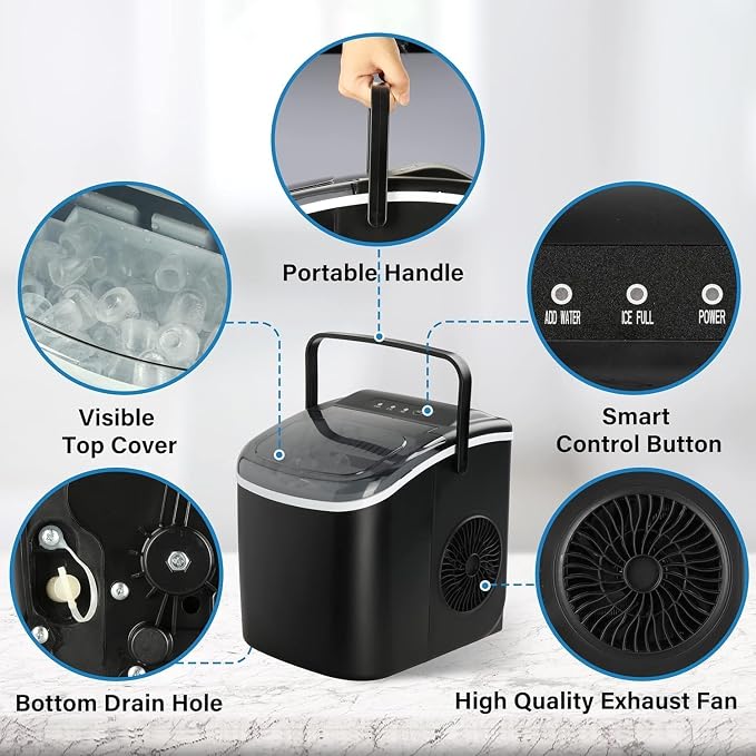 YSSOA Countertop Ice Maker with Ice Spoon and Basket, 26lbs Ice Per Day, 6 Mins 9 Bullet Ice, Self-Cleaning, Efficient for Camping, Kitchen, Office, Black