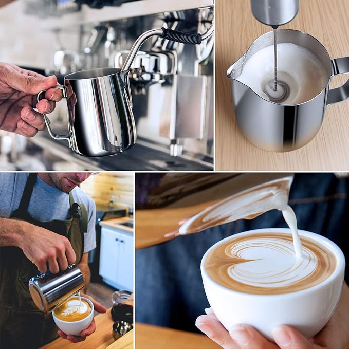 Milk Frothing Pitcher, 32oz Steaming Pitcher Stainless Steel Espresso Machine Accessories for Coffee Bar, Cappuccino Barista Tools Milk Jug Steamer Frother Cup with Decorating Latte Art Pen