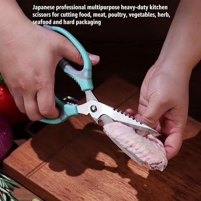 BoFuYuan Detachable Heavy Duty Kitchen Scissors for Food 9-Inch Green | Dishwasher Safe, Sharp Serrated Blade, Multifunctional, Ergonomic Non-Slip Handle, Multipurpose Cooking Food Cutting Shears