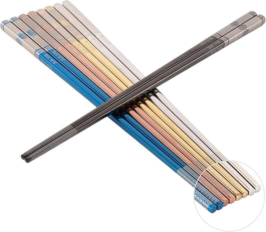 Premium 316L Stainless Steel Chopsticks Set (5 Pair Multicolor) - Reusable Metal Chopsticks with Laser Etching, Elegant Gift Box, Dishwasher Safe