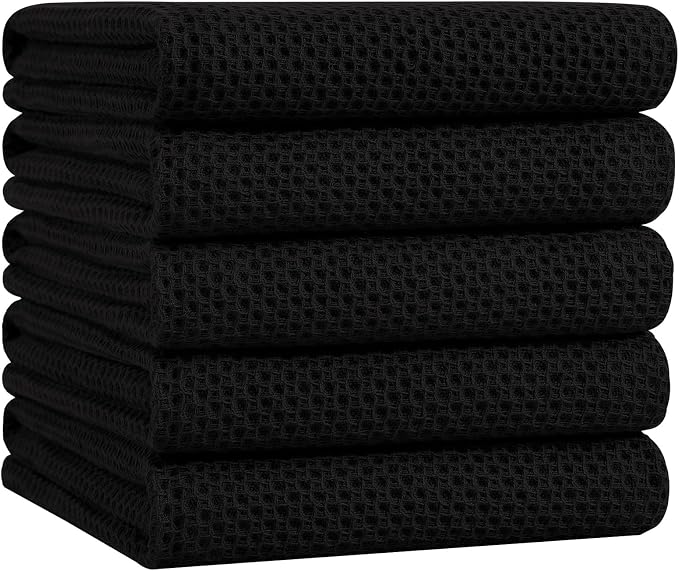 Homaxy 100% Cotton Oversized Waffle Weave Kitchen Towels, 5-Pack, Black | 20 x 28 Inches, Ultra Soft Absorbent Dish Towels, Quick Drying Large Cleaning Towels