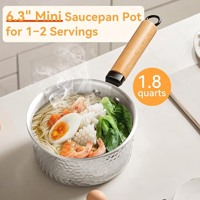WANGYUANJI 1.8-Quart Stainless Steel Saucepan with Lid, Coating-Free Small Soup Pot, Hammered Finish, Induction Compatible, Tempered Glass Lid, Cool-Touch Wood Handle