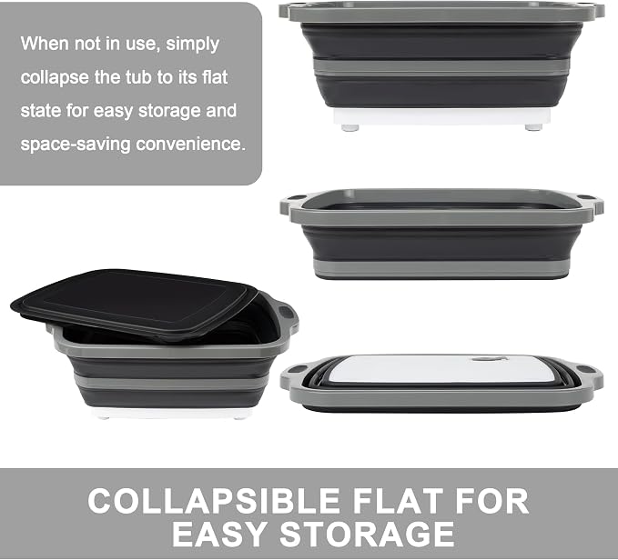 Collapsible Cutting Board with Container, Foldable Camping Sink with Colander, BBQ Prep Tub with Lid, Multifunction Dish Basin for Kitchen, Bowl, Vegetable and Fruit, 2.11 Gal/8L Storage Basket