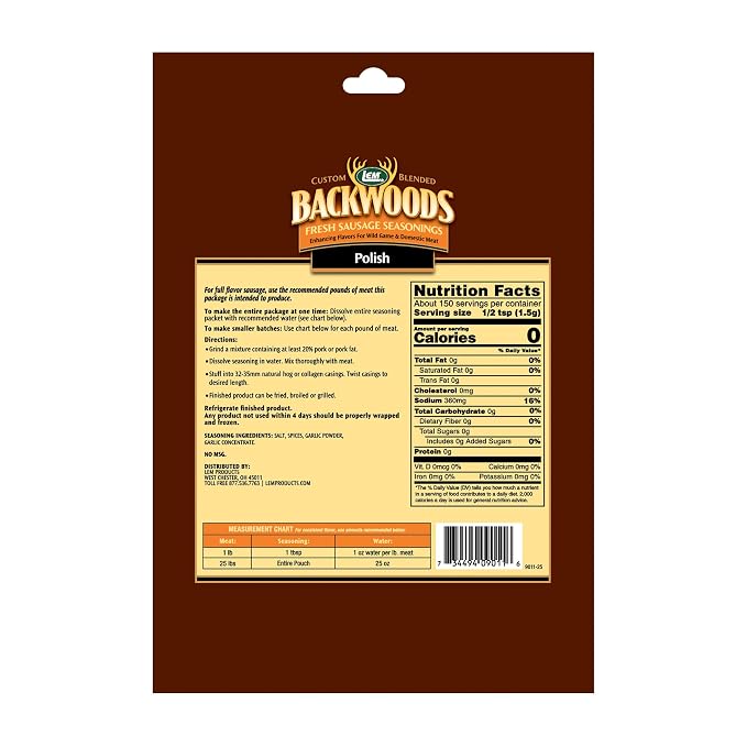 LEM Products Backwoods Polish Fresh Sausage Seasoning, 8 oz Packet | Pre-Measured Seasoning for Wild Game and Domestic Meat, Seasons Up to 25 Pounds of Meat for Homemade Sausages