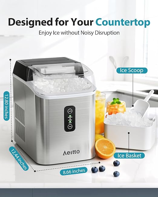 Aeitto Nugget Ice Maker Countertop, 42lbs/24H Ice Machine with 1.5L Water Tank, Rapid Ice Release in 6 Mins, Self-Cleaning Pebble Ice Maker with Basket and Scoop for Home Office RV and Party, Silver