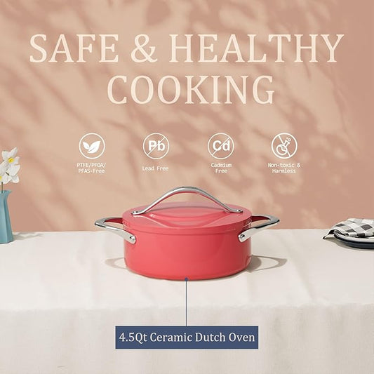 Dutch Oven Pot with Lid 4.5QT Stock Pot 9.5 Inch Nonstick Ceramic Coated Soup Pot Non-Toxic PFAS-Free, Quick & Even Heat Distribution for Braising, Baking Bread & Stewing, Compatible for All Cooktops(Induction/Gas/Electric) Oven Safe to 500°F, Fusion Red