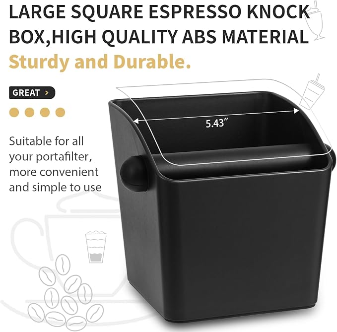 IAOSEN Large Square Knock Box Shock-absorbent Knock Box Espresso with Removable Knock Bar and Non-Slip Base Espresso Accessories for Home/Office (Large Black Knock Box)