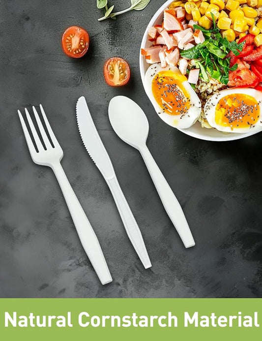 Compostable Forks No Plastic Silverware 200 count disposable cutlery flatware heavy duty party utensils Eco Friendly Heavyweight White Fork for Wedding Office BBQ Picnic Outdoor Event
