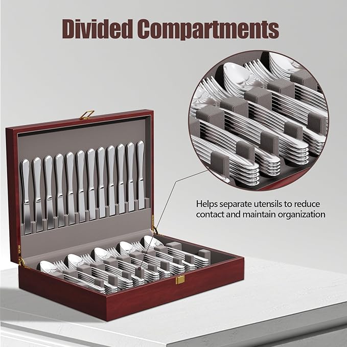 Mahogany Wood Silverware Storage Box,Silverware Case Flatware Chest with Felt Lined,Flatware Storage Box for 12 sets of Utensils,Silverware Chest without Silverware,Silverware Organizer with Lid