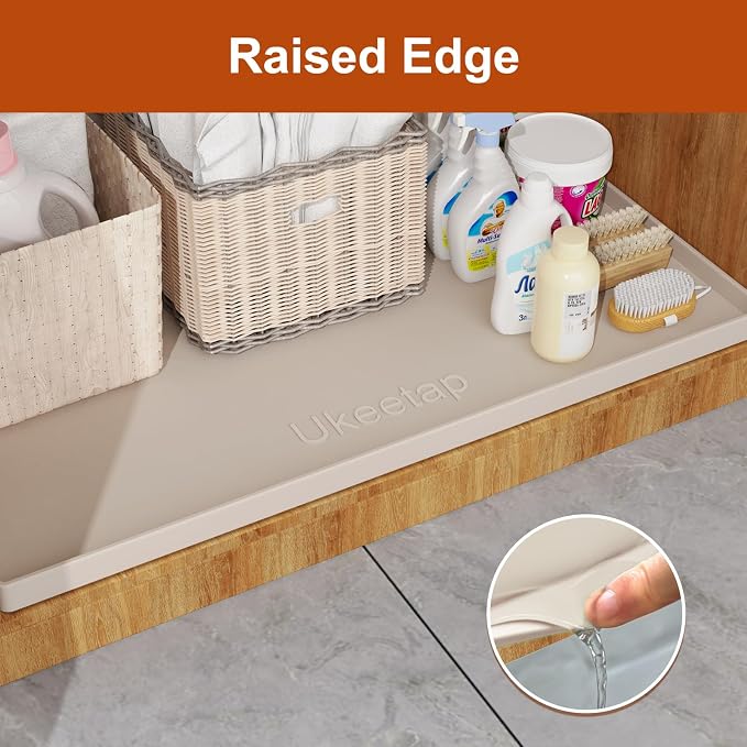 ukeetap 34" x 22" Extra Thick Silicone Mat Waterproof with Raised Edge, Under Sink Mat for Kitchen & Bathroom, Kitchen Cabinet Liner, Multi-Purpose for Storage & Protection, Beige