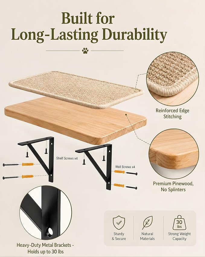 Cat Floating Wall Shelf with Scratching Mat, 1PC, 9.7X16.6 Inch | 1 Inch Thick Wood Board , Wall Mounted, Supports to 30 LBS, For Sleeping, Playing, Climbing