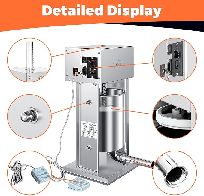 LEEVOT Electric Sausage Stuffer Maker, Vertical Electric Stuffer 11 Adjustable Speed Stainless Steel Commercial Sausage Filler Meat Stuffers with 5 Stuffing Tubes, Home & Commercial (22Lb/10L)