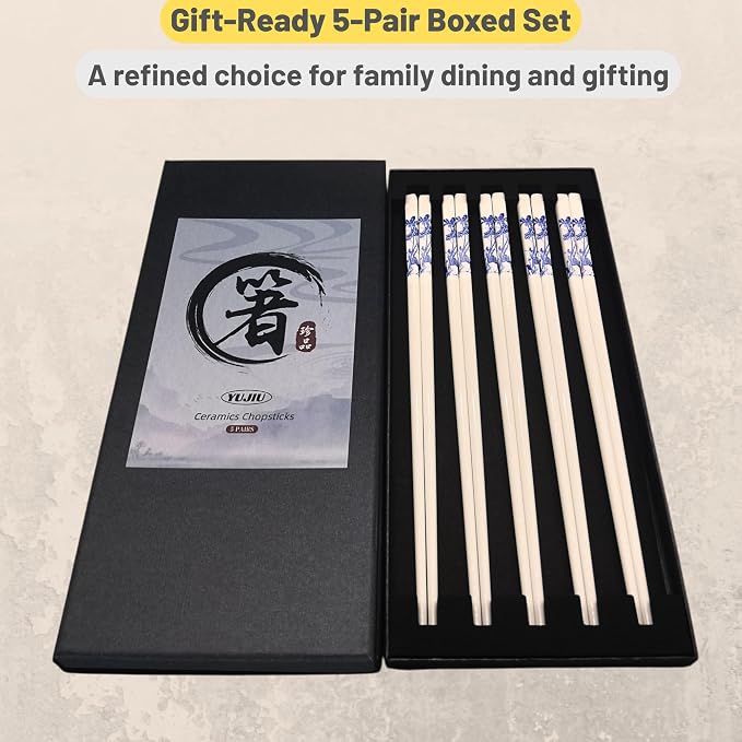 Porcelain Chopsticks Set of 5 Pairs, Reusable Bone Ceramic Chopsticks, Dishwasher Safe, Non-Slip Design, Elegant Gift Box for Family or Restaurant Use (lotus)