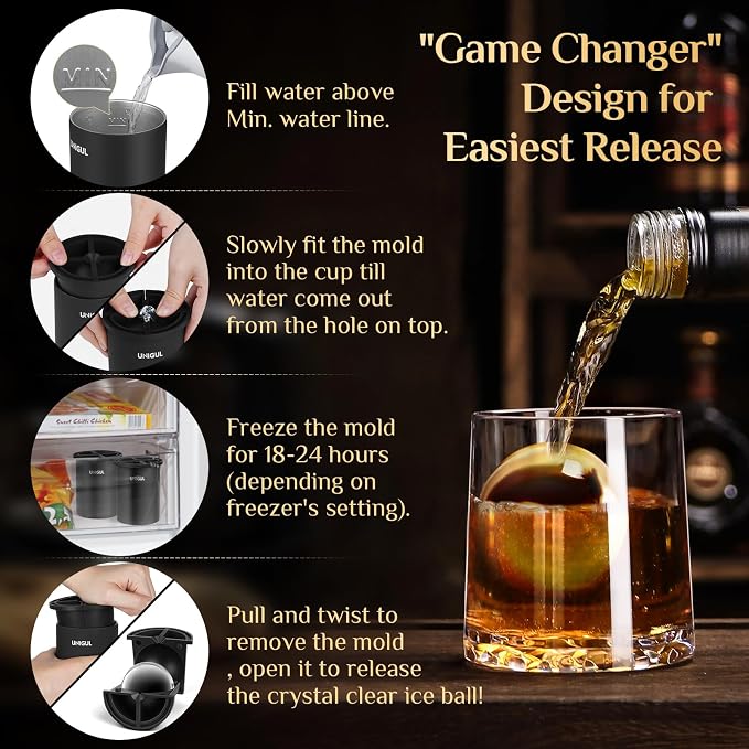 Clear Ice Cube Maker, 2.5" Stainless Steel Crystal Clear Ice Ball Maker, Non-BPA Silicone Ice Cube Molds for Whiskey Easy Release Ice Maker, Bourbon Gifts for Men (Black, 4 PACK)
