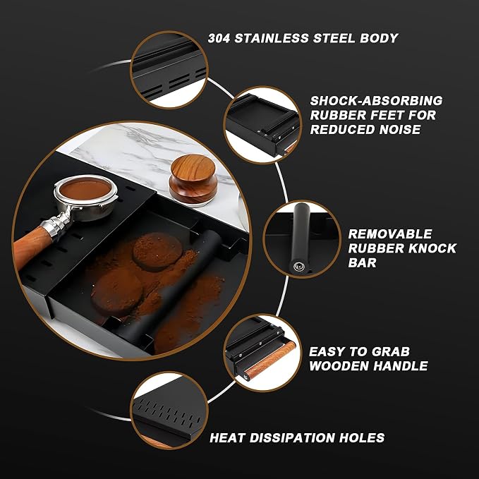 DIBTSA Espresso Knock Box Drawer,Stainless Steel Detachable Coffee Pucks Knock Container, Shock-Absorbent Durable Barista Style Knock Box, Removable Knock Bar,Wood handle and Non-Slip Base (Black)