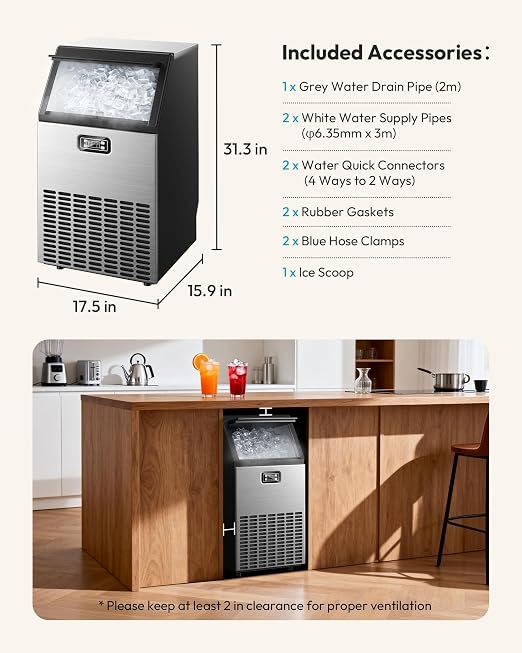 EUHOMY Commercial Ice Maker Machine - 100lbs Daily Production, 33lbs Ice Storage, Stainless Steel Freestanding & Under Counter Ice Maker, Ideal Ice Maker for Home/Bar/Restaurant/Outdoor Activities