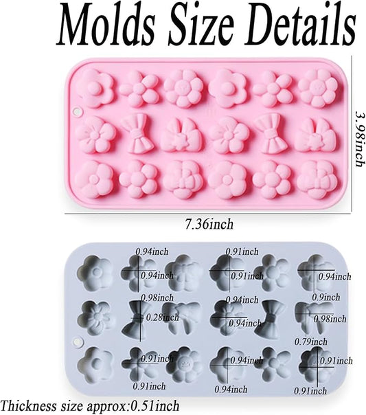 2 Pcs Flowers Silicone Chocolate Molds, 18-Cavity Different Flowers Bow Shape Molds Trays for Candy Chocolate Gummies Baking Jello Ice Cube Pudding Soap Cookie Desserts Making