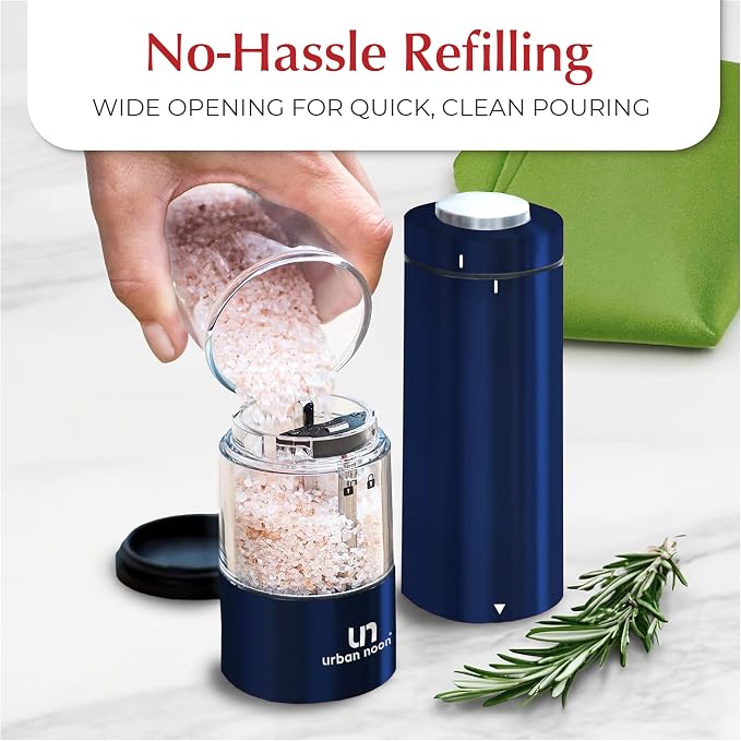 Urban Noon Electric Salt and Pepper Grinder Set (2 Mills, 8.1" Tall) - One-Handed Push-Button Mills with LED Light, Adjustable Ceramic Coarseness, Gift-Ready Box, 1-Year Warranty - Blue