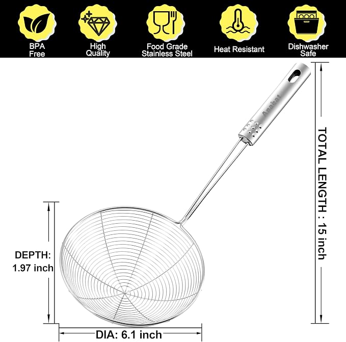 Anaeat 6.1" Stainless Steel Spider Skimmer, Professional Kitchen Pasta Strainer Spoon with Long Handle - Asian Strainer Ladle Wire Skimmer Spoons for Cooking and Frying