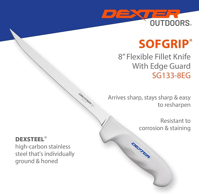 Dexter Outdoors SOFGRIP 8" Flexible Fillet Knife with Edge Guard | Corrosion-resistant high-carbon American stainless blade with soft non-slip grip. Edge guard included, made in USA.