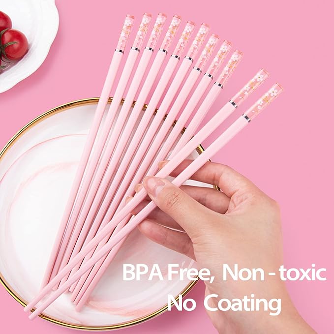 Pink Fiberglass Chopsticks, Reusable, Dishwasher Safe, Non-slip, 5 Pairs | Premium Japanese Chinese Sakura Design, Lightweight, 9.6 inches, Food-Grade, Durable, Heat-Resistant for Sushi Ramen