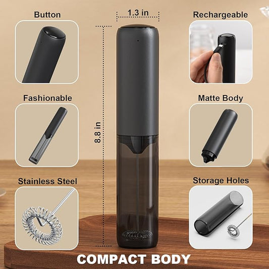 Rechargeable Milk Frother with Cover, Easy to Carry Drink Mixer Handheld, Electric Frother Wand for Coffee, Latte, Cappuccino, Frappe Drink, Hot Chocolate, Black