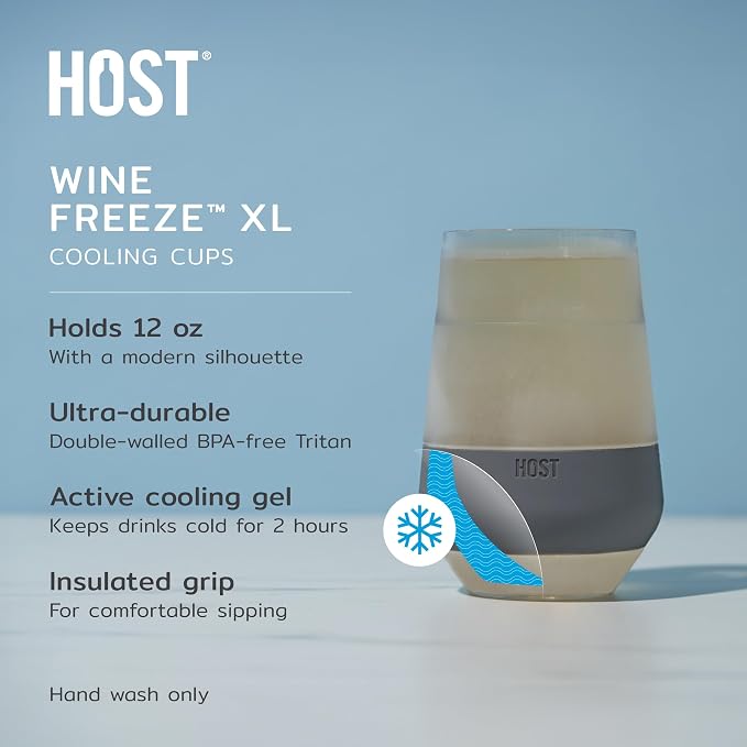 Host Freeze XL Wine Cooling Cups for Gifts for Mom, Birthday Gifts for Women, Double Wall Insulated Plastic Wine Glasses for Red and White Wines, Freezable Plastic Tumblers, 12 oz, Set of 2, Gray