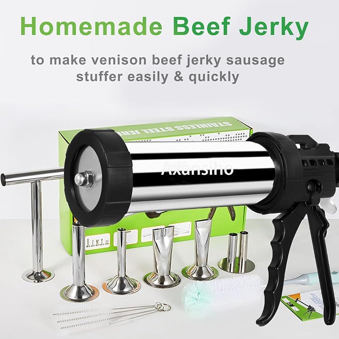 2.5LB Jerky Gun Kits, Stainless Steel Jerky Maker, Beef Stick Gun | Meat Injector For Beef Jerky Venison Snack Sticks Sausage Stuffer Jerky Shooter Cannon For Smoker Dehydrator Keto Hunter