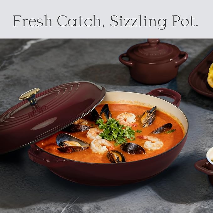 CAROTE 3.4QT Enameled Cast Iron Braiser Pan, Shallow Dutch Oven Casserole Skillets, Non-Toxic Cast Iron Pot with Lid for Grilling, Searing, Baking, Dual Handles, All Stovetop Compatible, Fig